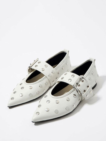 White Black Ballet Flats Pointed Toe Studed Adjustable Ballerina Flat Shoes