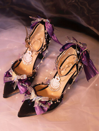 ゴシック ロリータ フットウェア ブラック チェーン リボン フリル シルク サテン スティレットヒール ロリータ パンプス