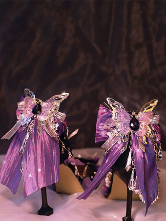 ゴシック ロリータ フットウェア ブラック チェーン リボン フリル シルク サテン スティレットヒール ロリータ パンプス