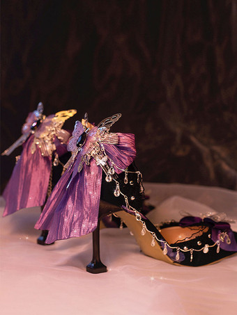 ゴシック ロリータ フットウェア ブラック チェーン リボン フリル シルク サテン スティレットヒール ロリータ パンプス