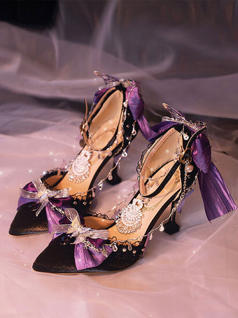 ブラック ゴシック ロリータ フットウェア ブラック チェーン リボン フリル シルク サテン スティレットヒール ロリータ パンプス