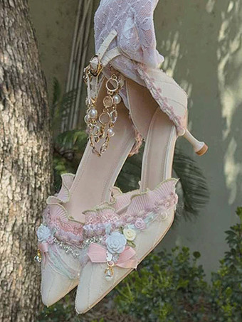 ロリータウェディングドレス ロリータシューズ ライトグリーン フリル 花 リボン テキスタイル スティレットヒール ロリータシューズ