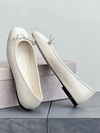 アイボリー レディース ゴールド バレエ フラット メタリック ボウ ラウンド トゥ スリッポン フラット シューズ