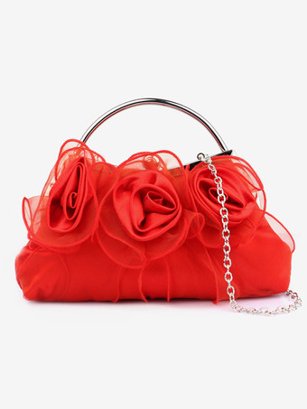 レッド ウェディングハンドバッグ ウェディングアクセサリー イブニングクラッチバッグ プリーツフラワー