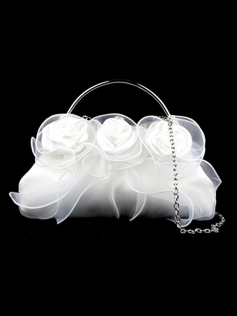 ホワイト ウェディングハンドバッグ ウェディングアクセサリー イブニングクラッチバッグ プリーツフラワー