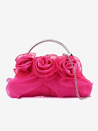 ローズレッドウェディングハンドバッグ ウェディングアクセサリー イブニングクラッチバッグ プリーツフラワー