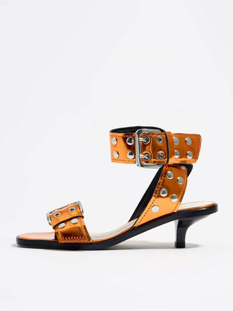 ゴールド ブラック キトンヒールサンダル レディース オープントゥ スタッズ バックルディテール アンクルストラップサンダル シューズ