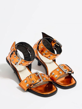 ブラック キトンヒールサンダル レディース オープントゥ スタッズ バックルディテール アンクルストラップサンダル シューズ