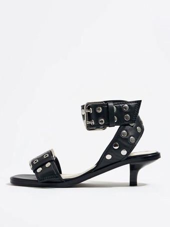 ブラック ブラック キトンヒールサンダル レディース オープントゥ スタッズ バックルディテール アンクルストラップサンダル シューズ