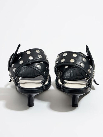 ブラック キトンヒールサンダル レディース オープントゥ スタッズ バックルディテール アンクルストラップサンダル シューズ