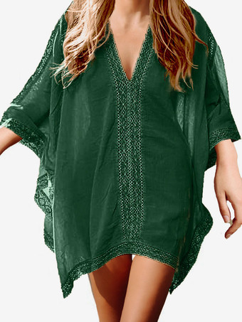 ダークグリーンレディース カバーアップ ダークグリーン レース Vネック 7分袖 オーバーサイズ コットンブレンド 夏 ビーチ 水着