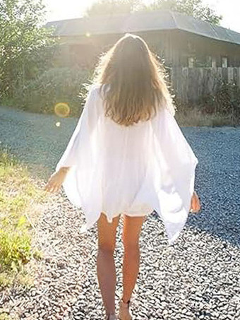 レディース カバーアップ ダークグリーン レース Vネック 7分袖 オーバーサイズ コットンブレンド 夏 ビーチ 水着