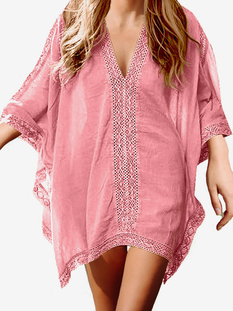 ピンクレディース カバーアップ ダークグリーン レース Vネック 7分袖 オーバーサイズ コットンブレンド 夏 ビーチ 水着