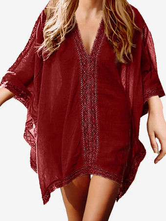 ワインレッド レディース カバーアップ ダークグリーン レース Vネック 7分袖 オーバーサイズ コットンブレンド 夏 ビーチ 水着