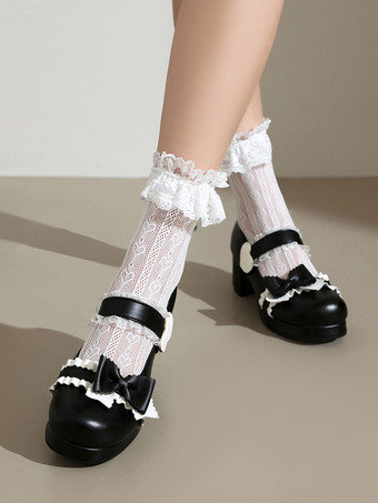 スイートロリータフットウェア ピンクフリルリボン ラウンドトゥ PUレザーロリータパンプス