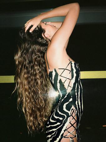 セクシーなクラブドレス レースアップ サイド タイガー ストライプ スパゲッティ ストラップ コーチェラ パーティー クラブウェア