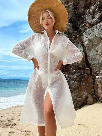 シャツドレス 半透明 ターンダウンカラー ビーチ カジュアル カバーアップ