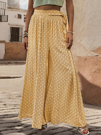 イエローワイドレッグパンツ コンバーチブル 伸縮性ウエスト ツートン 夏 カジュアル パンツ