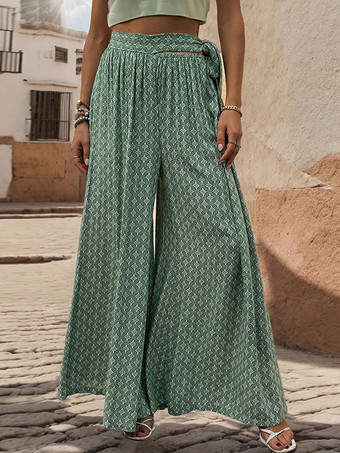 グリーン ワイドレッグパンツ コンバーチブル 伸縮性ウエスト ツートン 夏 カジュアル パンツ