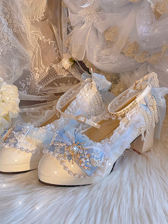 ホワイト スイートロリータフットウェア ホワイトパールチェーン リボン PUレザー チャンキーヒール ロリータシューズ