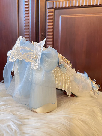 スイートロリータフットウェア ホワイトパールチェーン リボン PUレザー チャンキーヒール ロリータシューズ