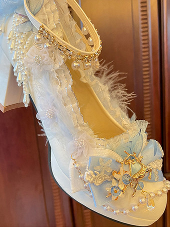 スイートロリータフットウェア ホワイトパールチェーン リボン PUレザー チャンキーヒール ロリータシューズ