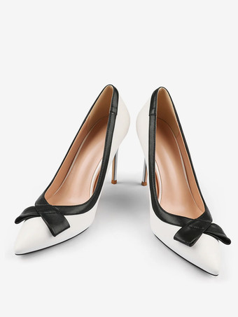 ホワイトハイヒール レディース ポインテッドトゥ ボウ スリッポン ドレスシューズ