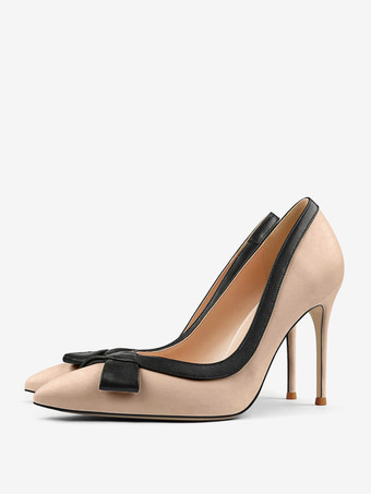 ライト アプリコットホワイトハイヒール レディース ポインテッドトゥ ボウ スリッポン ドレスシューズ