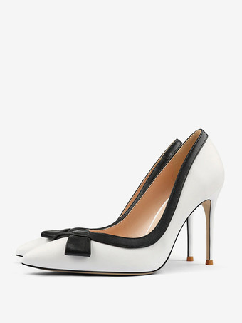 ホワイト ホワイトハイヒール レディース ポインテッドトゥ ボウ スリッポン ドレスシューズ