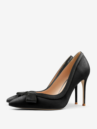 ブラック ホワイトハイヒール レディース ポインテッドトゥ ボウ スリッポン ドレスシューズ