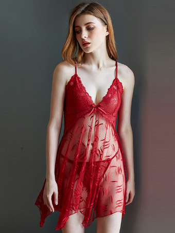 レッド 半透明のパジャマ プランジ イレギュラーヘム セクシーパジャマ