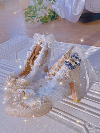 シャンパンカラースイートロリータフットウェア シャンパンパール リボン レース PUレザー チャンキーヒール ロリータパンプス