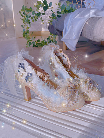 スイートロリータフットウェア シャンパンパール リボン レース PUレザー チャンキーヒール ロリータパンプス