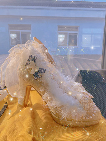 スイートロリータフットウェア シャンパンパール リボン レース PUレザー チャンキーヒール ロリータパンプス