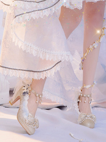 スイートロリータフットウェア シャンパンパール リボン レース PUレザー チャンキーヒール ロリータパンプス