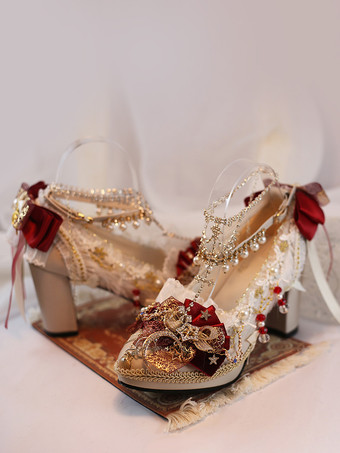 ホワイト ロリータ ウェディングドレス ロリータ フットウェア エクリュ ホワイト レース フラワー チェーン PU レザー チャンキーヒール ロリータ シューズ