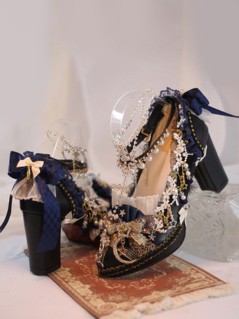 Abito da sposa Lolita Calzature Lolita Catene di fiori di pizzo bianco ecru Scarpe Lolita con tacco grosso in pelle PU