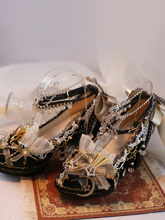 ブラック ロリータ ウェディングドレス ロリータ フットウェア エクリュ ホワイト レース フラワー チェーン PU レザー チャンキーヒール ロリータ シューズ