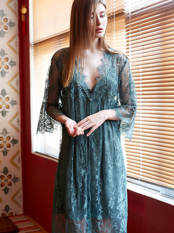 グリーン ベビードール スパゲッティ ストラップ コンバーチブル プランジ セクシー ランジェリー