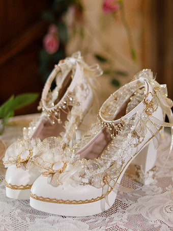 Calzado Sweet Lolita Crudo Lazos blancos Flores Encaje Cuero de PU Tacón grueso Zapatos de tacón Lolita