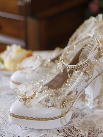 スイートロリータフットウェア エクリュホワイトリボンフラワーレースPUレザーチャンキーヒールロリータパンプス