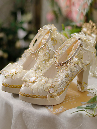 スイートロリータフットウェア エクリュホワイトリボンフラワーレースPUレザーチャンキーヒールロリータパンプス