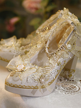 スイートロリータフットウェア エクリュホワイトリボンフラワーレースPUレザーチャンキーヒールロリータパンプス