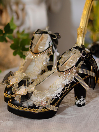 ブラック スイートロリータフットウェア エクリュホワイトリボンフラワーレースPUレザーチャンキーヒールロリータパンプス