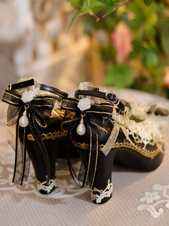 スイートロリータフットウェア エクリュホワイトリボンフラワーレースPUレザーチャンキーヒールロリータパンプス