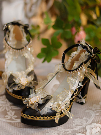 スイートロリータフットウェア エクリュホワイトリボンフラワーレースPUレザーチャンキーヒールロリータパンプス