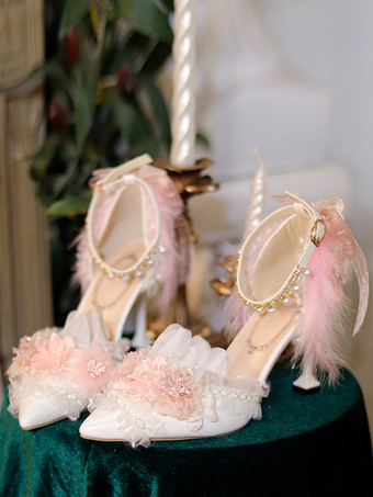 ホワイト スイートロリータフットウェア ホワイトフラワーチェーンフリル PUレザースティレットヒールロリータパンプス