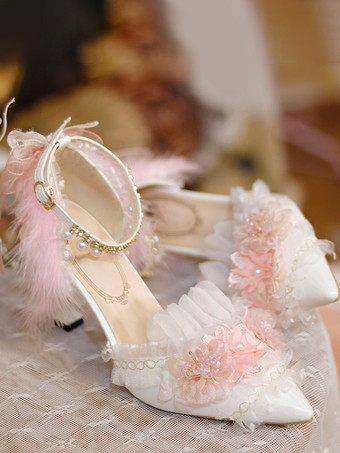 スイートロリータフットウェア ホワイトフラワーチェーンフリル PUレザースティレットヒールロリータパンプス