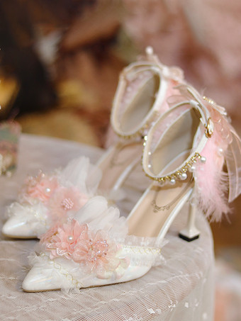 スイートロリータフットウェア ホワイトフラワーチェーンフリル PUレザースティレットヒールロリータパンプス