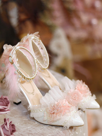 スイートロリータフットウェア ホワイトフラワーチェーンフリル PUレザースティレットヒールロリータパンプス